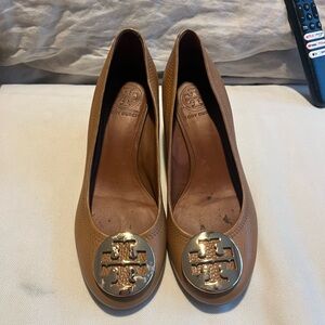 Tory Burch Brown Leather Heels with Gold Medallion